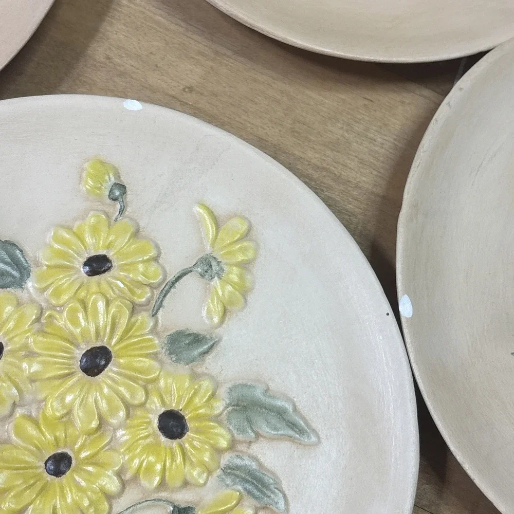 Vintage 1970s Set 4 Ceramic Floral Relief Plates 3D Hand Painted Cottage Decor